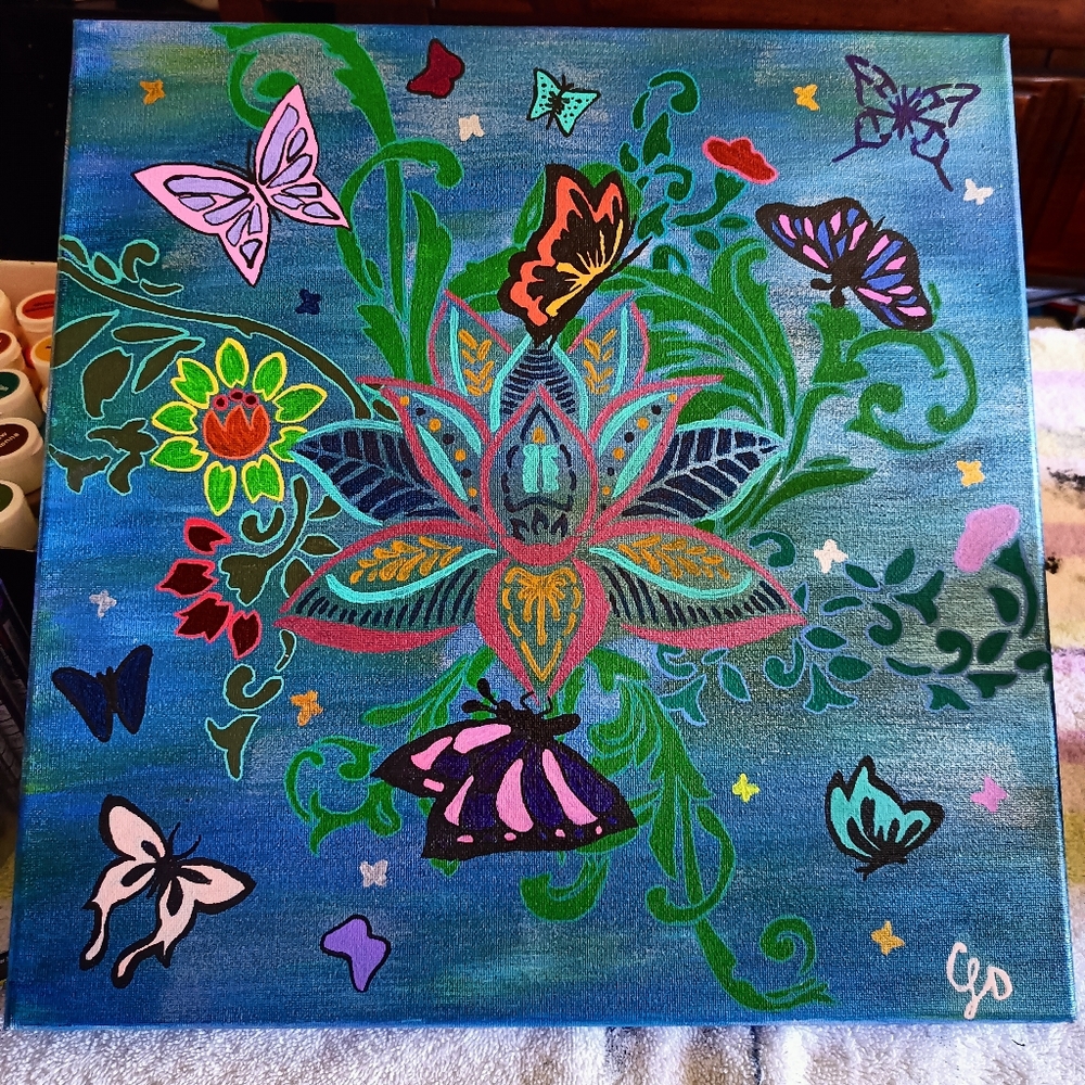 Hand-Painted Floral & Butterfly Canvas — Blue, Green, Pink